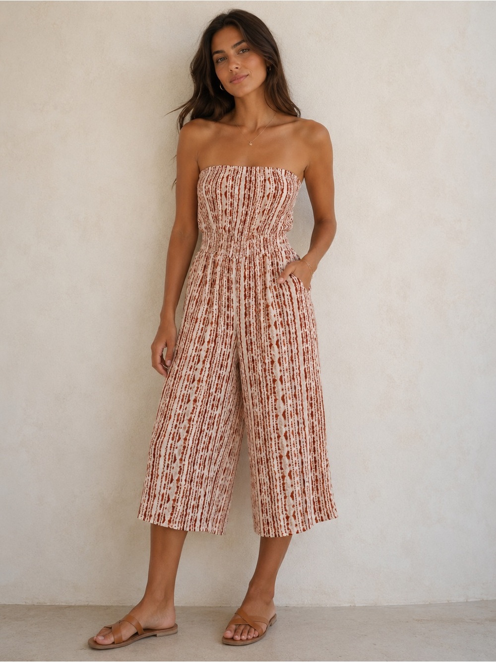 Strapless Jumpsuit wide leg, Rust | red | orange and White | Cream